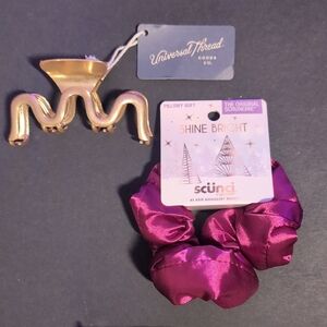 NWT Hair Accessory Bundle Gold Squiggle Clip & Pink Satin Scrunchie